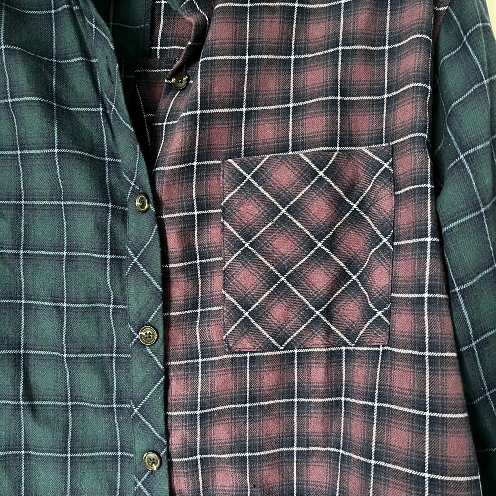 Womens long sleeve oversize flannel shirt in medium purple spliced plaid